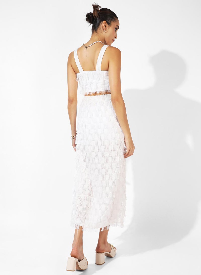 Campus Sutra Women's White Co-Ord Set With Fringing For Casual Wear | Sleeveless | Polyester Fabric | Square Neck Clothing Set Crafted With Comfort Fit And High Performance For Everyday Wear - Image 3